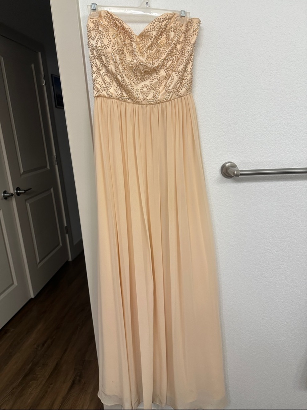 Xscape Beaded Sweetheart Gown in Champagne Blush